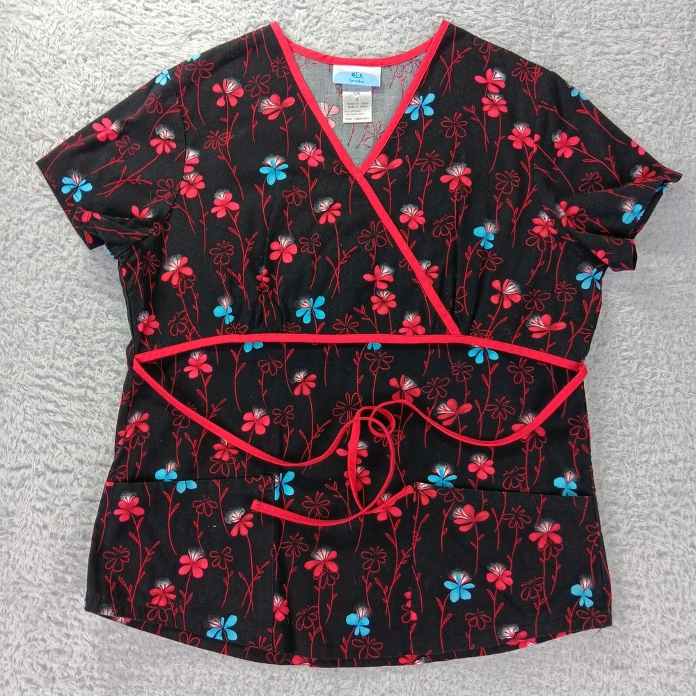 SB Scrubs Womens Small Black Pink Floral Mock Wrap Scrub Top SB37B942